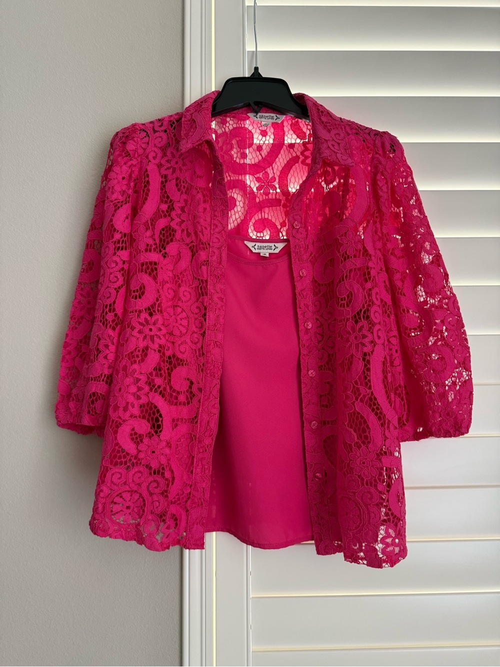 Bright Fuchsia Lace Button-Front Blouse. Gently used, like new.